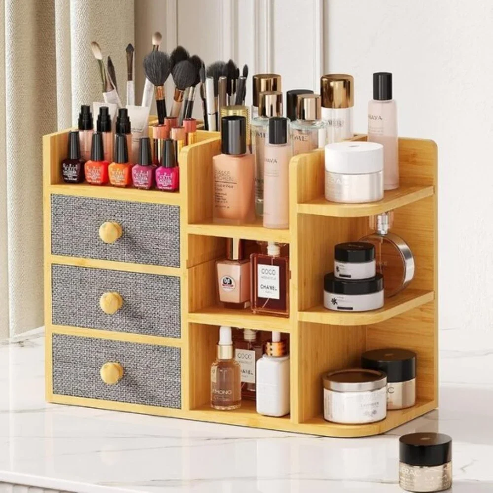 Bamboo Makeup Organizer with Brush Holder, Drawers & Shelves for Vanity & Room